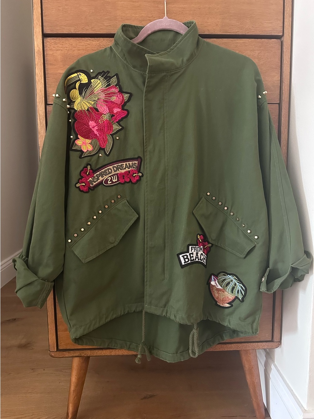 Zara Oversized Green Studded Utility Jacket with Tropical Patch Embroidery